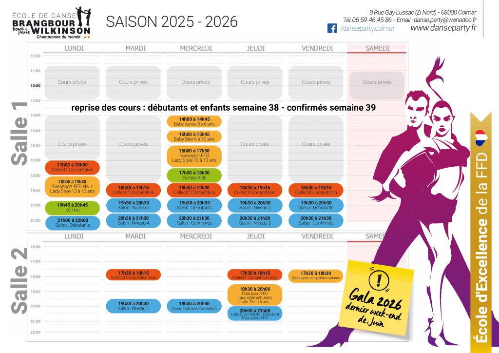 Planning de cours école de danse Brangbour Wilkinson
